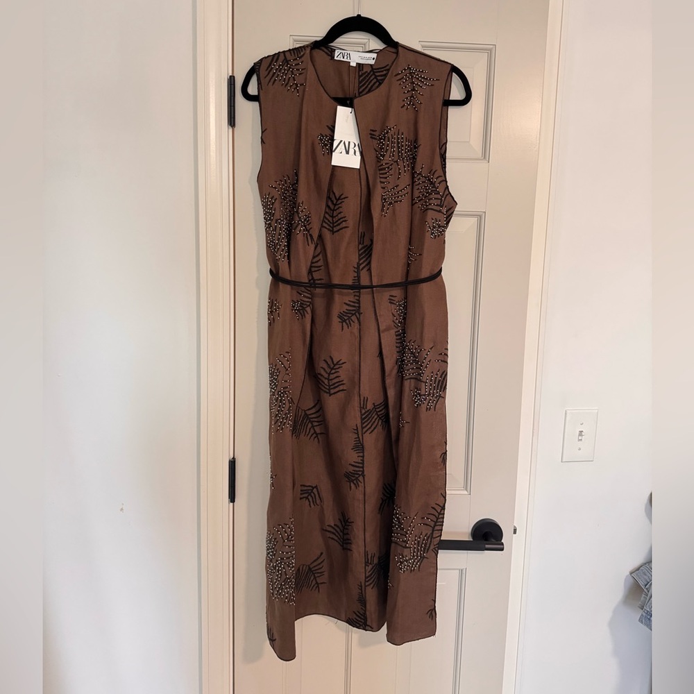 Zara Brown Long Vest with Embellishments